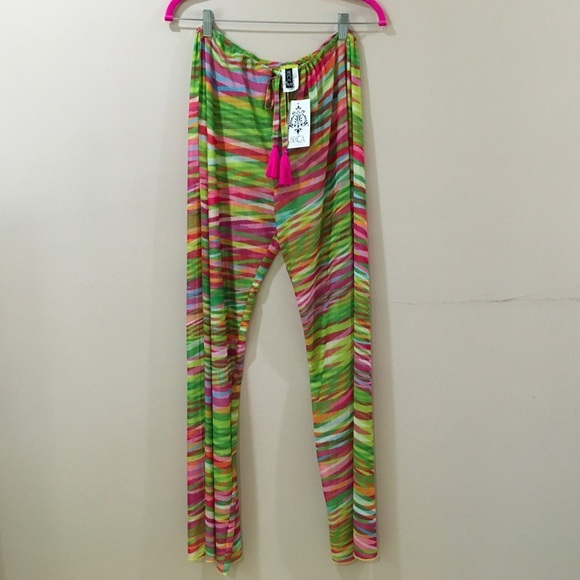 New Becca Cover Up Womens Large Green Pants High Slit Beach Swim Tassels - Picture 2 of 6